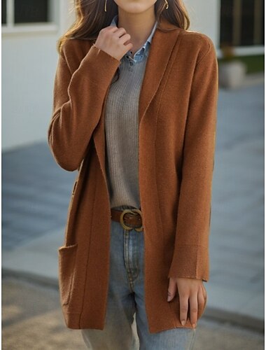  Damen Pullover Strickjacke Pullover Jacke Hemdkragen Stricktasche gestrickt Frühling Herbst Zuhause Alltag Wochenende Alltag Freizeit weich Langarm reine Farbe Schwarz Kamel