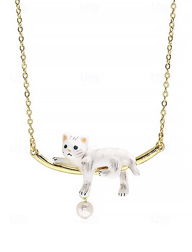  elegante Halskette mit Katzenanhänger und Perlen-Charm – verspielter Tierschmuck für Damen, zarte Kette