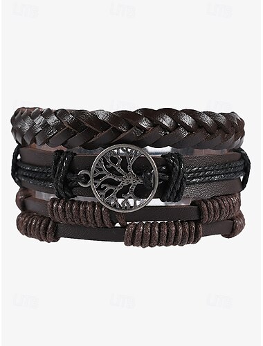  mäns armband med pärlor i läder med livets träd charm – vintage lagerarmbandssmycken