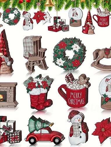  24 stk juletrepynt, dekorasjon med anheng til juletre - vintage snømann, nisse, kaktus, lastebil og kransdesign med hengende snor for hjemme- og festdekorasjoner