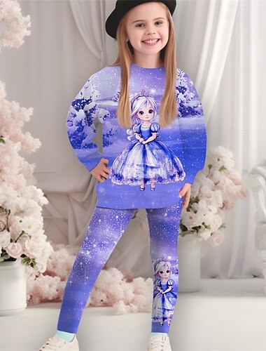  Mädchen 3D Graphic Karikatur Schneeflocke Weihnachtssets Sport-Outfit Trainingsanzüge Langarm Frühling Herbst Täglich Brautkleider schlicht Stumpfhosen kinderkleidung 4-12 Jahre Rundhalsausschnitt