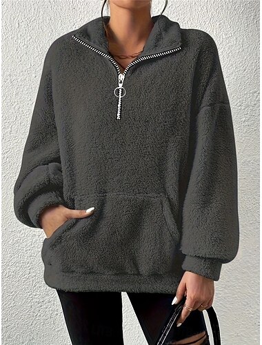  Damen Sweatshirt Casual Sherpa Fleece Uni Street Alltag Rollkragen Tasche Halbreißverschluss Langarm Braun Beige Grau Herbst Winter