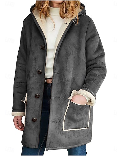  Dames Fleecejack Teddy jas Houd Warm Ademend Knop Zak Met fleece gevoerd Casual Effen Vakantie Straat Alledaagse kleding Uitgaan Rits Lang Capuchon Normale pasvorm Lange mouw bovenkleding Bruin Khaki