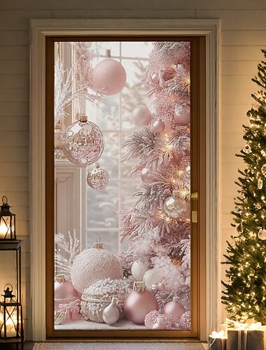  Adornos navideños para puertas, cubiertas para puertas, adornos navideños rosas, tapiz para puerta, cortina para puerta, decoración, telón de fondo, pancarta para puerta de interior/exterior, para