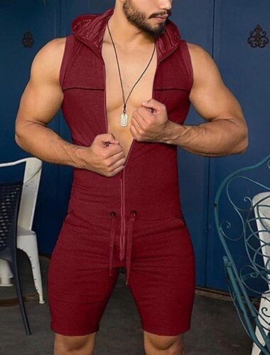  Herren Trainingsanzug Overall Full Zip Einteilig Casual Ärmellos Atmungsaktiv Weich Fitness Fitnesstraining Laufen Sportbekleidung Sportkleidung Einfarbig Schwarz Rot Grün