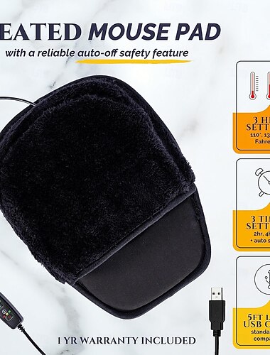  Tapis de souris chauffant USB Chauffe-mains Contrôleur de 3 températures/limites de temps inclus Fonctionne avec toutes les souris PC Fait un excellent cadeau