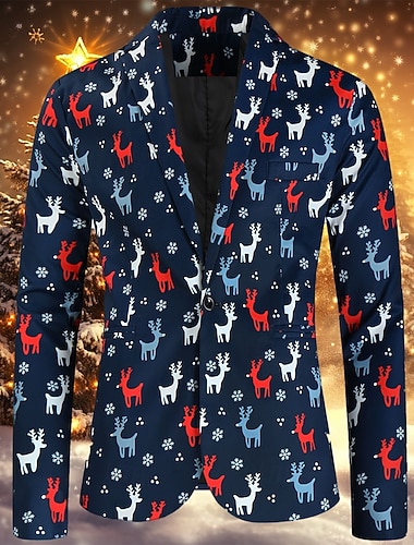  marineblå menns jule stygge blazer jakke trykk blazer lang standard passform enkeltspent enknapp