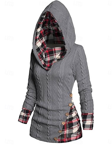  Damen Pullover Brautkleider schlicht Weich Plaid Gerippt Mit Kapuze Patchwork Strick Langarm Normale Oberteile Stricken Outdoor Täglich Wochenende Wein Beige Herbst Winter
