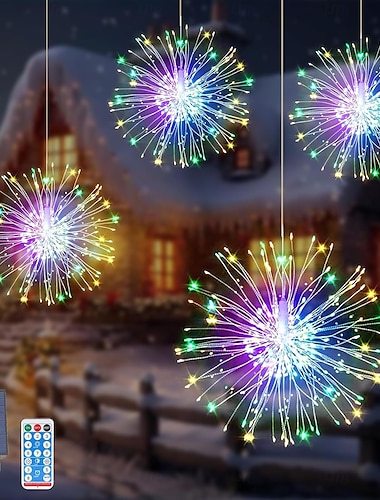  4 luces solares de fuegos artificiales, luces solares para caminos de 360 leds con control remoto de 8 modos, luces exteriores impermeables para jardín, patio, pasarela, decoraciones navideñas y
