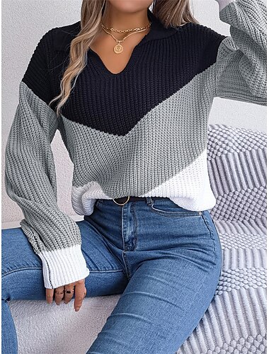  Mujer Pulóveres Suéter de punto Casual Suave Bloque de color Estriado Escote en Pico De Punto Manga Larga Tops regulares Tejer Exterior Diario Fin de semana Azul Piscina Caqui Otoño Invierno