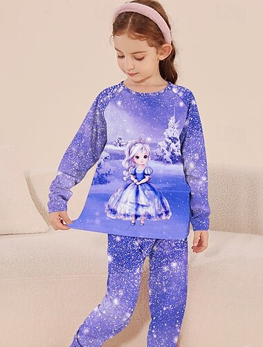  Mädchen 3D Graphic Schneeflocke Prinzessin Weihnachtspyjamas Pyjama-Sets Pyjama-Sets mit T-Shirt und Hose Langarm 3D-Druck Herbst Winter Aktiv Basic kinderkleidung 4 Jahre + Rundhalsausschnitt Heim