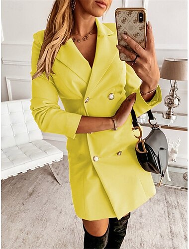  Women's Blazer Work Button Solid Color Breathable OL Style Regular Fit Outerwear Long Sleeve Fall Yellow S