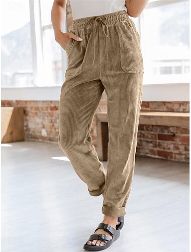  Femme Chino Mode Vêtement de rue Toute la longueur Taille haute Plein Poche Ceinture élastique Confortable Doux Micro-élastique Extérieur Plein Air Noir bleu marine Kaki Printemps & Automne Standard