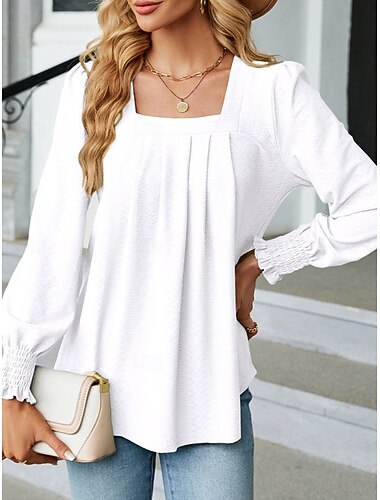  Dames T-shirt Effen Modieus Modern Casual Lange mouw Vierkante hals Normale tops Dagelijks Weekend Gesmokt Wit Blozend Roze Groen Herfst Winter