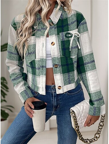  Damen Freizeitjacke Outdoor Strasse Freizeitskleidung Herbst Winter Kurz Mantel Regular Fit warm Atmungsaktiv Stilvoll Brautkleider schlicht Jacken Langarm Streifen und Plaid Mit Taschen Bedruckt Grün