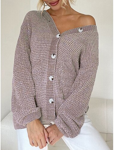  Dames Trui Vest Casual Zacht Heldere kleur Geribd V-hals Knop Zak Gebreid Lange mouw Lange tops breien Buiten Dagelijks Weekend Blozend Roze blauw Herfst Winter