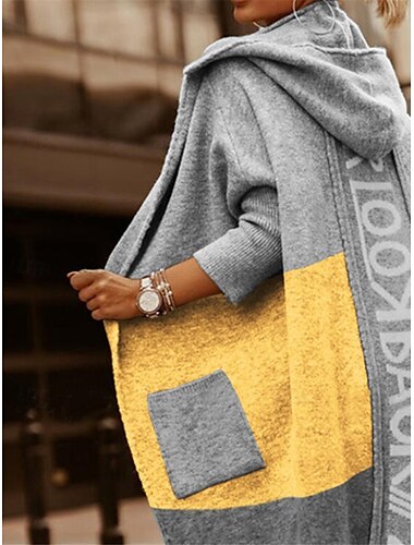  Mulheres Suéter Carregam Casual Macia Letra Estriado Com Capuz Bolsos Tricotado Manga Longa Tops longos Tricotar Ao ar livre Diário Final de semana Branco Amarelo Outono Inverno