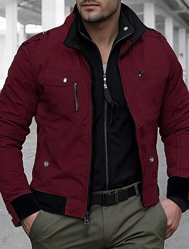  Herren Trucker Jacke Bomberjacke Freizeitjacke Jacke Outdoor Freizeitskleidung tragbar Tasche Frühling & Herbst Glatt Modisch Strassenmode Stehkragen Kurz Schwarz Burgunderrot Marineblau Khaki
