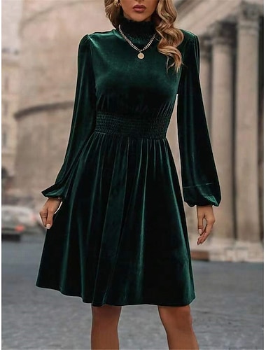  dámské sametové šaty vysoký výstřih s dlouhým rukávem sevřený pas elegantní zelená po kolena slavnostní párty oblečení zimní oblečení oblečení