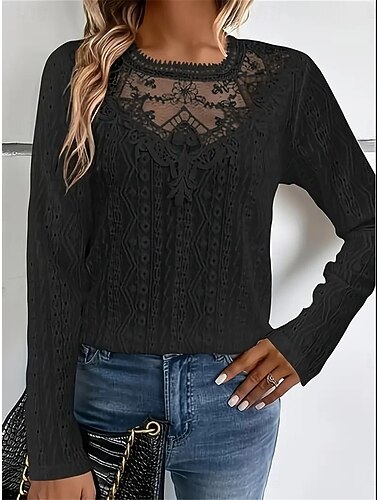 Top Eleganti in Pizzo Bianco per Donna con Occhielli Maglietta Moda Casual Semplice Regolare Maniche Lunghe Collo a Giro Regolare Fit Giornaliero Weekend Romantico Petite Top Estivi da Vacanza Nero