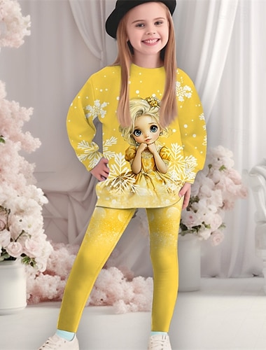  Voor meisjes 3D Grafisch Tekenfilm Sneeuwvlok  Kerstsets Sportoutfit Trainingspakken Lange mouw Lente Herfst Dagelijks Casual Panty Kinderen 4-12 jaar Strakke ronde hals Buiten Vakantie Sport
