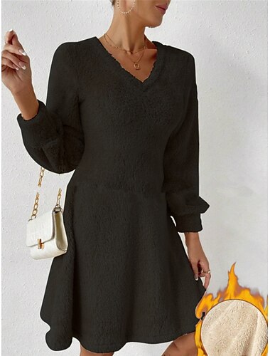  Damen Casual kleid Minikleid Patchwork Brautkleider schlicht V Ausschnitt Langarm Schwarz Aprikose Grau Farbe