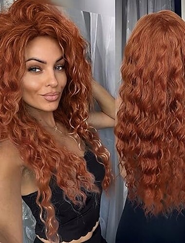  Long Curly Wavy Wig Natural Ombre Fluffy Synthetic Hair Replacement Wig with Free Part Hairline for Costume Cosplay Party Suitable Christmas Party Wigs