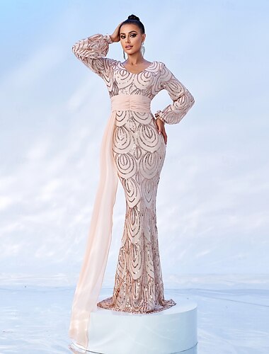  Etui-Abendkleid, elegantes Kleid, formell, bodenlang, lange Ärmel, V-Ausschnitt, Tasche, Chiffon mit Glitzerfalten 2025