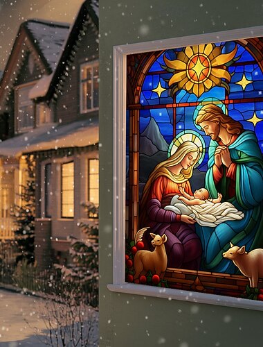  julevindusdekorasjoner, stofffarget glass julekrybbegardin filmplakat vindusdørdekseldekor til julehus, vindu klistrer dekaler innendørs utendørs