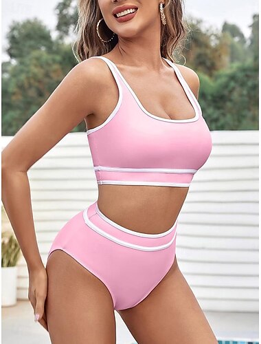  Damen Badeanzug Bikinis 2 Stück Unterhosen Bademode Rückenfrei Schlank Urlaub Strandbekleidung Feste Farbe U-Ausschnitt Ärmellos Badeanzüge