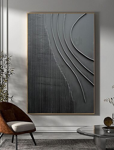  Arte de pared minimalista moderno en blanco y negro, arte minimalista moderno, pintura con textura 3D negra, pintura abstracta, decoración de pared para el hogar, marco estirado listo para colgar