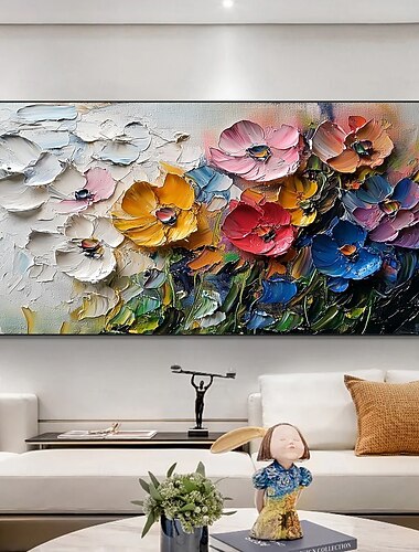  Peinture à l'huile originale faite à la main de fleurs texturées en 3D sur toile, art mural floral abstrait et coloré pour la décoration intérieure avec cadre tendu sans cadre intérieur