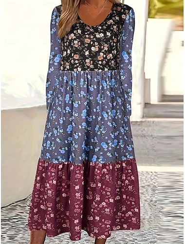  Damen Übergröße Kurve Casual kleid Graphic kleid lang Langarm Rundhalsausschnitt Modisch Urlaub Hellgrün Blau Herbst XL 2XL 3XL 4XL 5XL