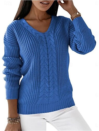  Per donna Felpa Pullover Maglione Informale Morbido Colore puro A coste A V Lavorato a maglia Manica lunga Top regolari Maglia Esterno Giornaliero Fine settimana Bianco Blu Autunno Inverno