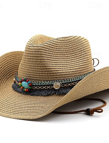  Herren Strohhut Sonnenhut Cowboy-Hut Fedora-Trilby-Hut Schwarz Weiß Strohseil Vintage-Stil Modisch 18. Jahrhundert Bundesstaat Texas Täglich Kostümparty Solide / einfarbig Sonnenschutz Cosplay