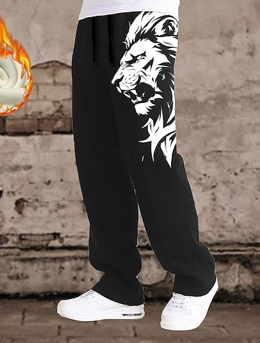  Voor heren Leeuw Jogger Fleece joggingbroek Trekkoord elastische taille Casual Buiten Straat Dagelijks gebruik Zak Broek met rechte pijpen Warmte-isolerend Winter 3D-afdrukken Zwart