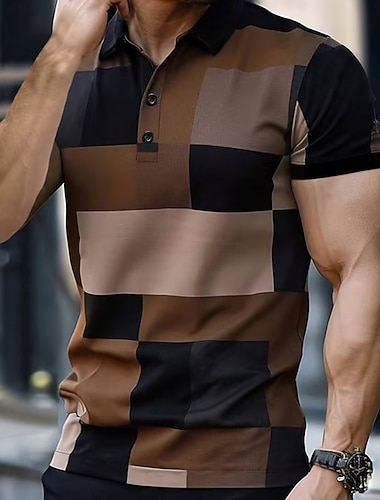  Miesten Skottiruutukuvio Golfpaita Lyhythihainen Poolopaidat Kauluspaidat Vapaa-aika Lomavaatteet Muodolliset vaatteet Festivaalivaatteet Napit 3D-tulostus Kesä Tumman ruskea Musta Sininen