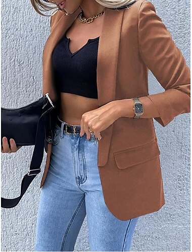  Damen Blazer Sakko Arbeit Tasche Feste Farbe Atmungsaktiv OL-Stil Regular Fit Oberbekleidung Langarm Herbst Schwarz S