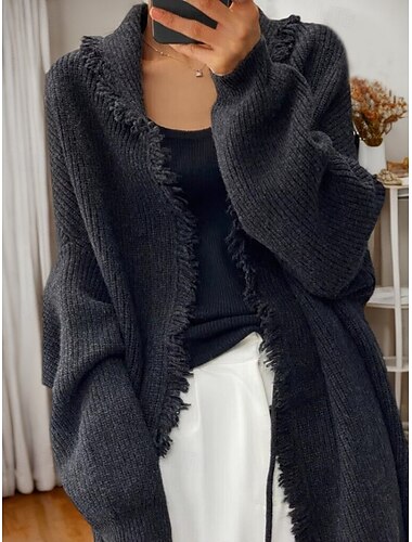  damski sweter kardigan sweter kurtka koszula kołnierz dzianina frędzle dzianina wiosna jesień dom codziennie weekend codziennie swobodny miękki długi rękaw czysty kolor czarny camel