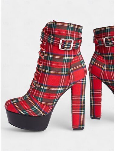  botas femininas plataforma xadrez vermelho - botas de salto grosso com cadarço e zíper lateral para moda punk e alternativa