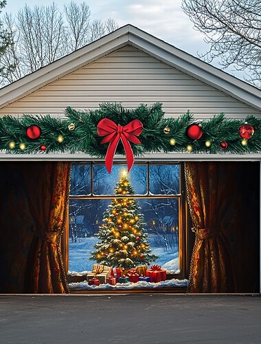  juledørdekorasjoner garasjeportdeksel nisse snømann jingle bell xmas utendørs banner stort bakteppe for feriehus vegggaver snø landsby juletre