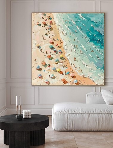  3D-Strand-Ölgemälde, handgefertigt, abstrakt, Küsten-Ölgemälde auf Leinwand, handgefertigt, sonniges Strandgemälde in Blau- und Beigetönen, Wellengemälde für Schlafzimmer, Zuhause und Büro,