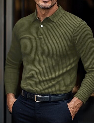 Per uomo POLO Top in maglia a coste Attività commerciale Informale Collo a polo a costine Manica lunga Di tendenza Essenziale Tinta unica A maglia Autunno Inverno Standard Bianco Blu marino Verde