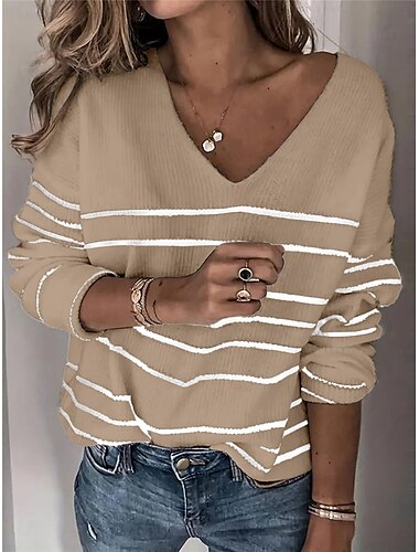  Damen Pullover Brautkleider schlicht Weich Gestreift Gerippt V Ausschnitt Strick Langarm Normale Oberteile Stricken Outdoor Täglich Wochenende Weiß Khaki Herbst Winter