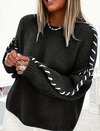  Damen Pullover Elegant Strassenmode Täglich Feste Farbe Rundhalsausschnitt Strick Langarm Normale Oberteile Stricken Wochenende Schwarz Weiß Herbst Winter