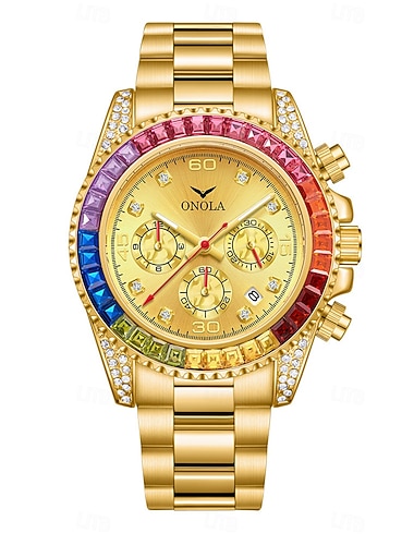  onola luksus iced klokker menn automatisk dato multifunksjonelle stål klokker mote regnbue diamant kvarts armbåndsur