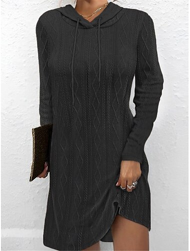  Damen Pullover Kleid Brautkleider schlicht Weich Einfarbig Gedrehtes Mit Kapuze Strick Langarm Lange Oberteile Stricken Outdoor Täglich Wochenende Schwarz Rosa Herbst Winter