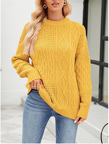  Dam Tröja Pullover tröja Ledigt Mjukt Ren färg Kabel Rund hals Stickat Långärmad Vanliga toppar Sticka Utomhus Dagligen Helgen Vit Gul Höst Vinter