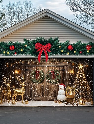  juledørdekorasjoner utendørs garasjeportdeksel julebanner julescene gårdshus stort julebakteppe for ferie utendørs garasjeport hjem veggdekorasjoner