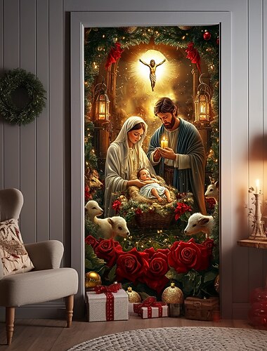  juledørdekorationer dørbetræk julekrybbe juledør gobelin dørgardindekoration baggrund indendørs/udendørs dørbanner til hoveddør bondehus fødselshistorie